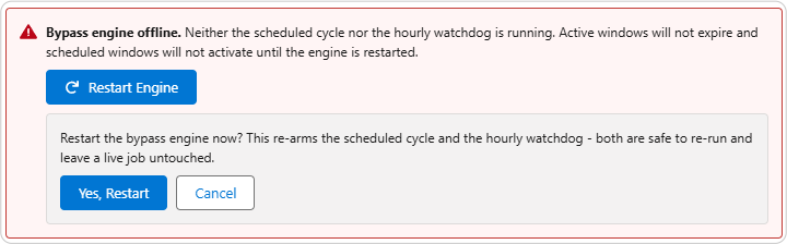 Warning banner shown when the bypass engine is offline, with a one-click restart